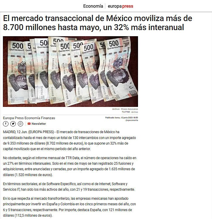 El mercado transaccional de Mxico moviliza ms de 8.700 millones hasta mayo, un 32% ms interanual